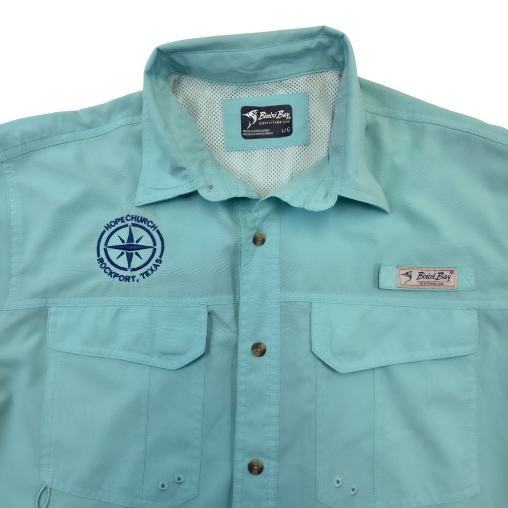 Bimini Bay Outfitters Hope Church Fishing Shirt Mens Large L/G Short Sleeve Blue
